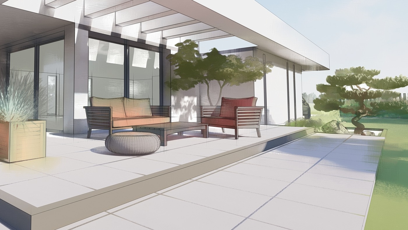 Szkic projektu ogrodu: nowoczesny taras z meblami ogrodowymi, bonsai w minimalistycznej donicy i zielenią w tle, prezentujący wizję zagospodarowania przestrzeni.