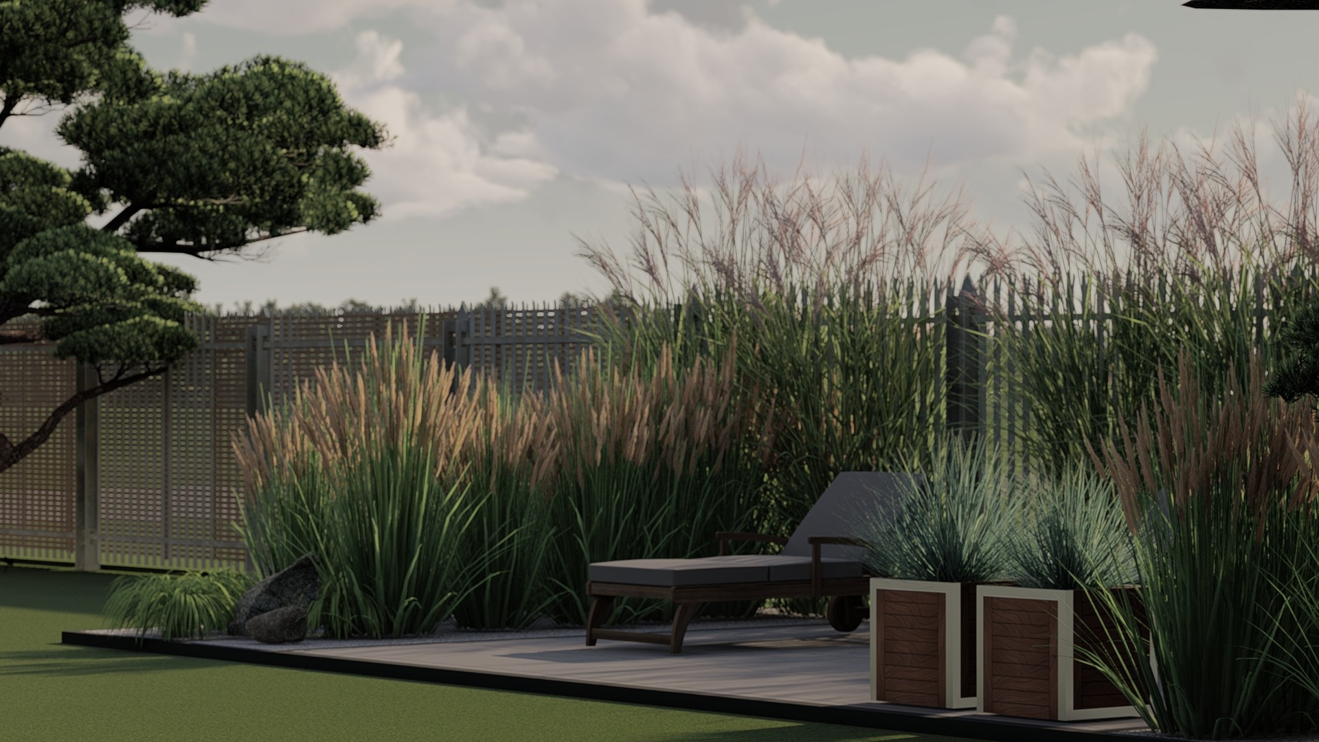 Projekt ogrodu z ozdobnymi trawami, leżakiem i donicami na tarasie. Widok na zadbany trawnik i drewniane ogrodzenie w tle, całość w stonowanej kolorystyce.