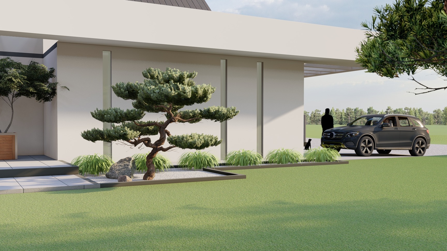 Nowoczesny ogród z formowanym drzewem bonsai, ozdobnymi trawami i kamieniem, na tle minimalistycznego domu z szarym samochodem. Projekt ogrodu z dbałością o detale.