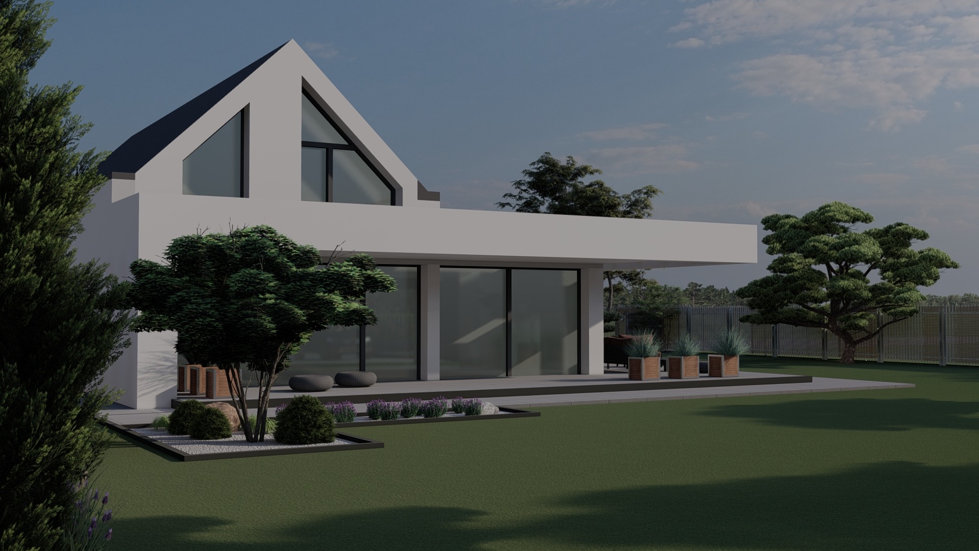 Wizualizacja nowoczesnego domu z ogrodem: minimalistyczna bryła, duże przeszklenia, zadbany trawnik, ozdobne krzewy i drzewa. Projekt ogrodu z elementami nowoczesnej architektury.