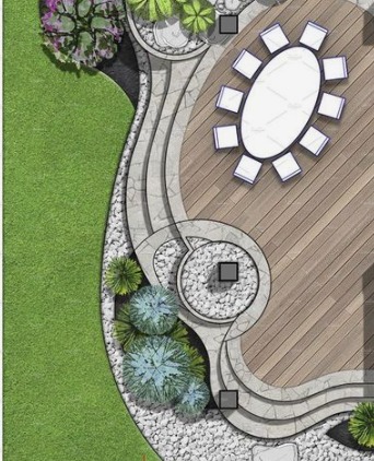 Plan zagospodarowania ogrodu z drewnianym tarasem, owalnym stołem i krzesłami, widok z góry. Elementy dekoracyjne z kamienia i roślinności.