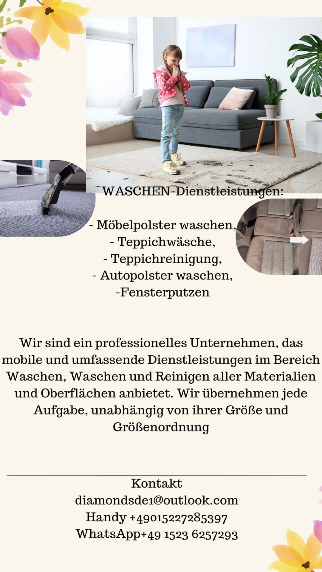 Dziewczynka stoi na brudnym dywanie w salonie, widoczne plamy przed i za nią, w tle szara kanapa i stolik z rośliną. W rogu fragment odkurzacza do tapicerki.