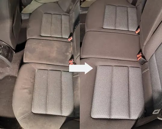Porównanie fotela samochodowego przed i po czyszczeniu, widoczne wyraźne różnice w czystości tapicerki, strzałka wskazuje na efekt po zabiegu.