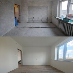 Krzysztof Rakowski - Zdjęcie 'przed i po' remontu pokoju: surowe ściany i podłoga kontra gładkie, białe ściany i panele podłogowe. Widoczne okno i grzejnik.