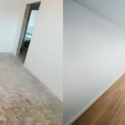 Krzysztof Rakowski - Zdjęcie 'przed i po' remontu pokoju: zniszczona podłoga i surowe ściany kontra świeżo ułożone panele i pomalowane na biało ściany. Widoczna różnica w wykończeniu.