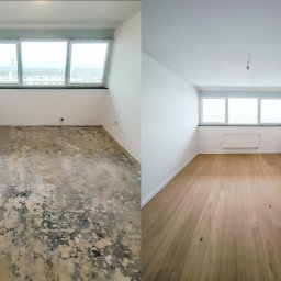 Krzysztof Rakowski - Zdjęcie 'przed i po' remontu pokoju: zniszczona podłoga vs. świeżo ułożone panele, pomalowane ściany i sufit, okno z widokiem na miasto.