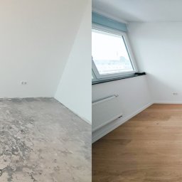 Krzysztof Rakowski - Pokój przed i po remoncie: surowy beton vs. jasne panele podłogowe, białe ściany, okno z grzejnikiem. Widok na miasto w tle.