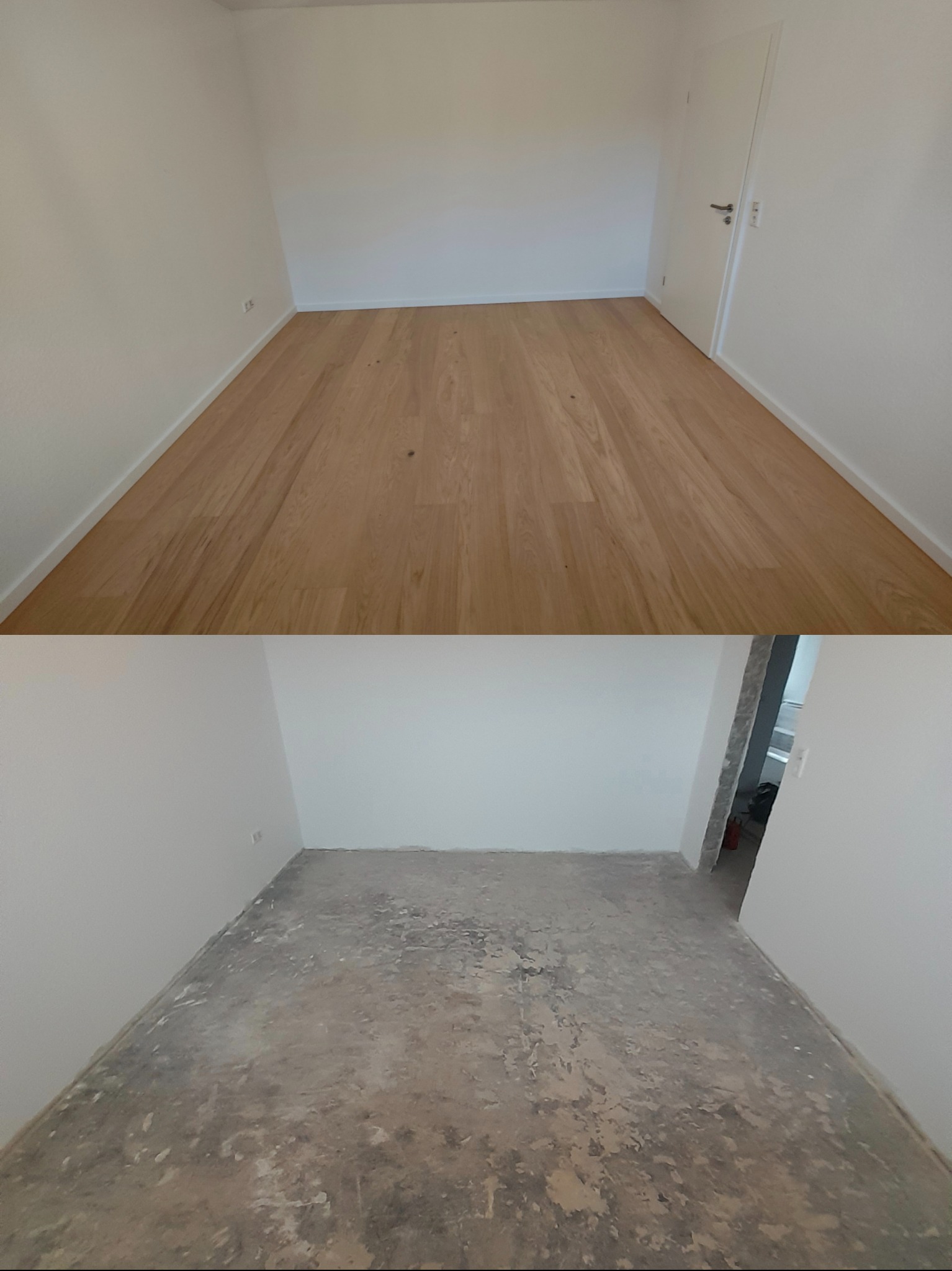Układanie paneli: zdjęcie 'przed i po' w pustym pokoju. Na górze panele podłogowe, na dole surowa podłoga przed położeniem paneli. Widoczne białe ściany i drzwi.