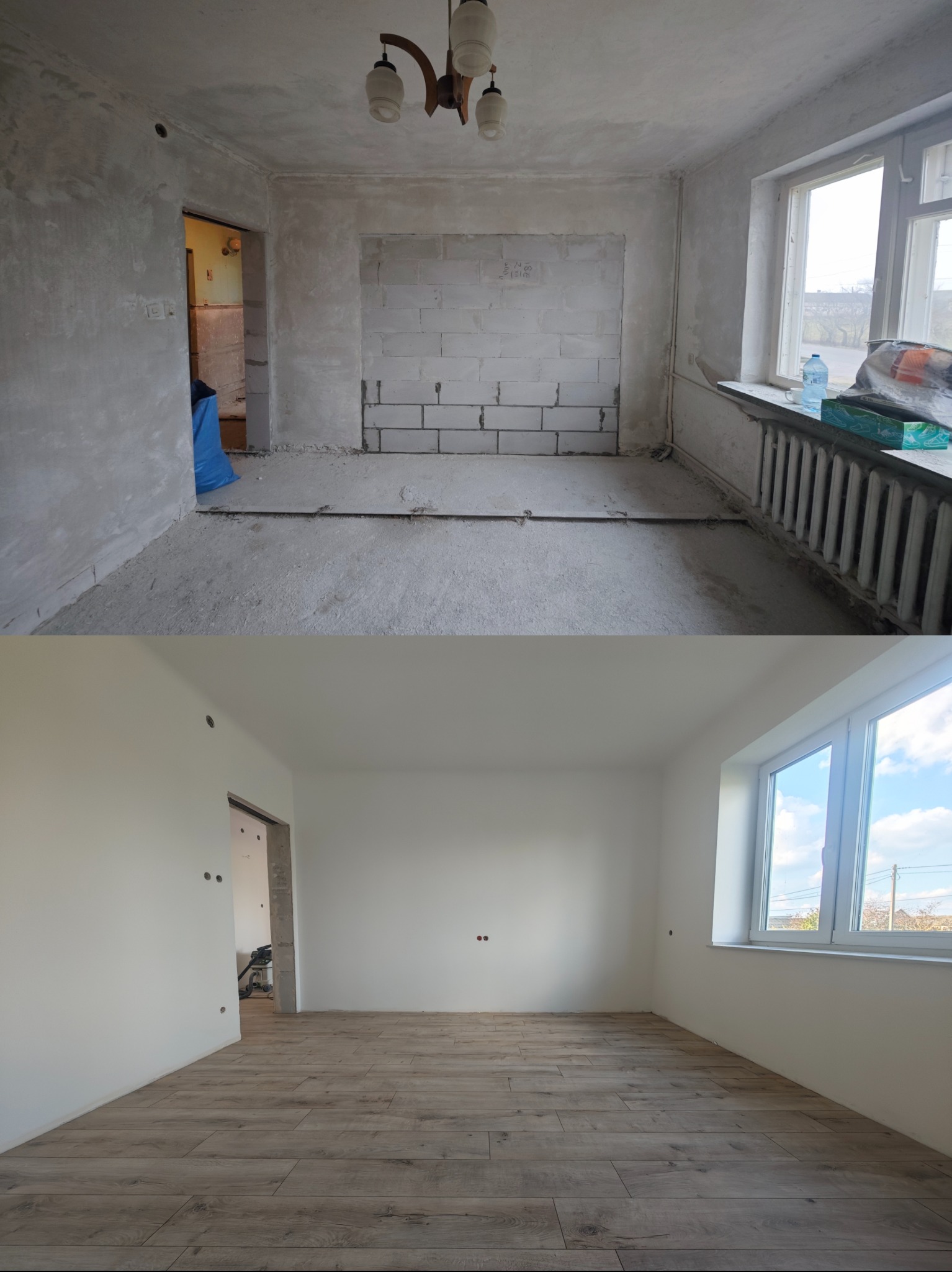 Zdjęcie 'przed i po' remontu pokoju: surowe ściany i podłoga kontra gładkie, białe ściany i panele podłogowe. Widoczne okno i grzejnik.