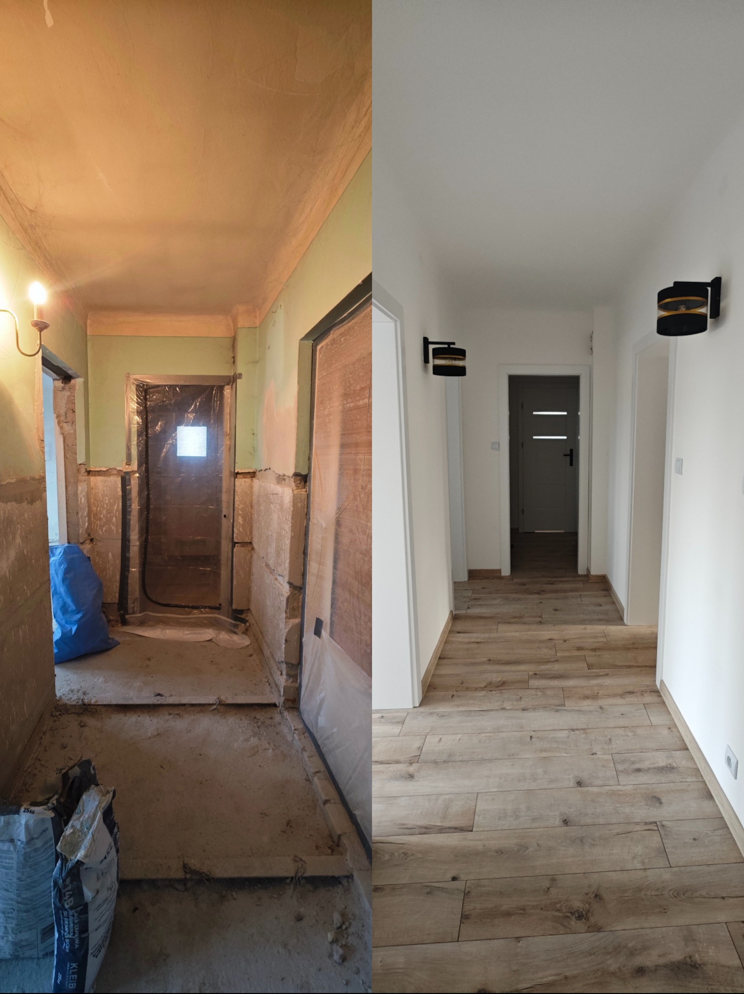 Korytarz przed i po remoncie: surowe ściany i podłoga kontra gładkie, białe ściany, drewnopodobne panele i nowoczesne oświetlenie. Widoczna metamorfoza wnętrza.