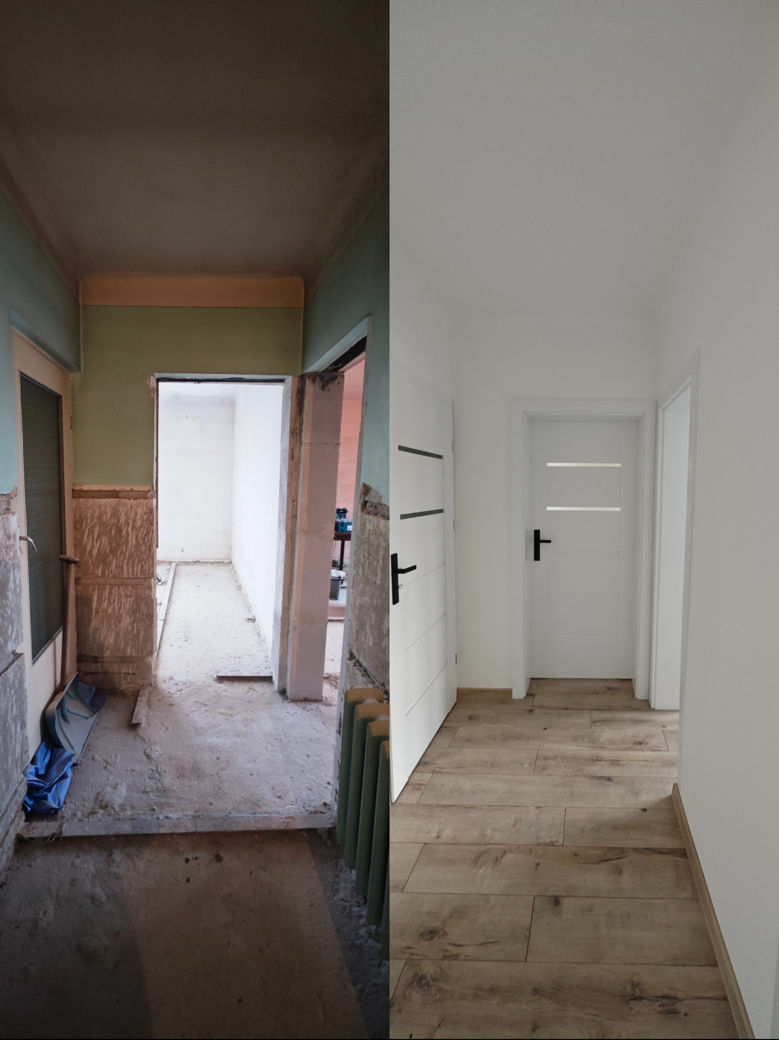 Korytarz przed i po remoncie: surowe ściany i podłoga kontra świeżo pomalowane wnętrze z panelami podłogowymi i nowymi drzwiami.