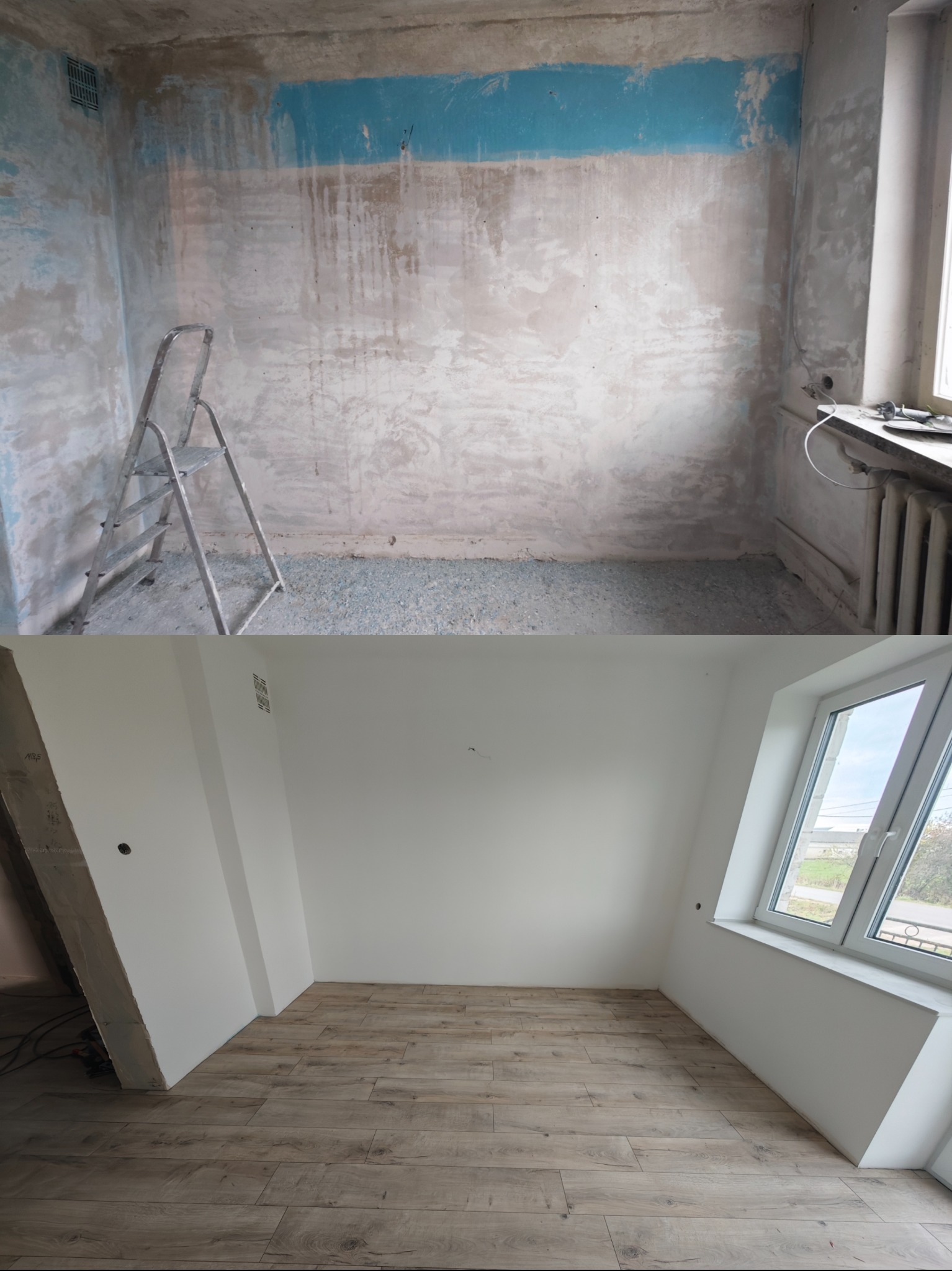 Zdjęcie 'przed i po' remontu pokoju na poddaszu: surowe ściany z resztkami farby i drabina vs. gładkie, białe ściany i panele podłogowe w odnowionym wnętrzu z oknem.