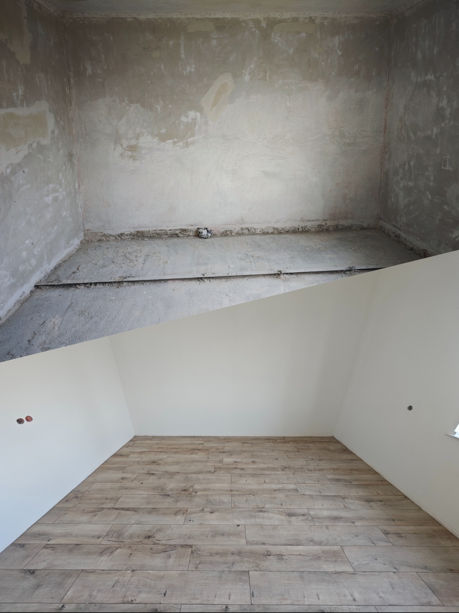 Pokój na poddaszu w trakcie remontu: surowe ściany i sufit w górnej części, świeżo pomalowane ściany i ułożone panele podłogowe w dolnej części zdjęcia.