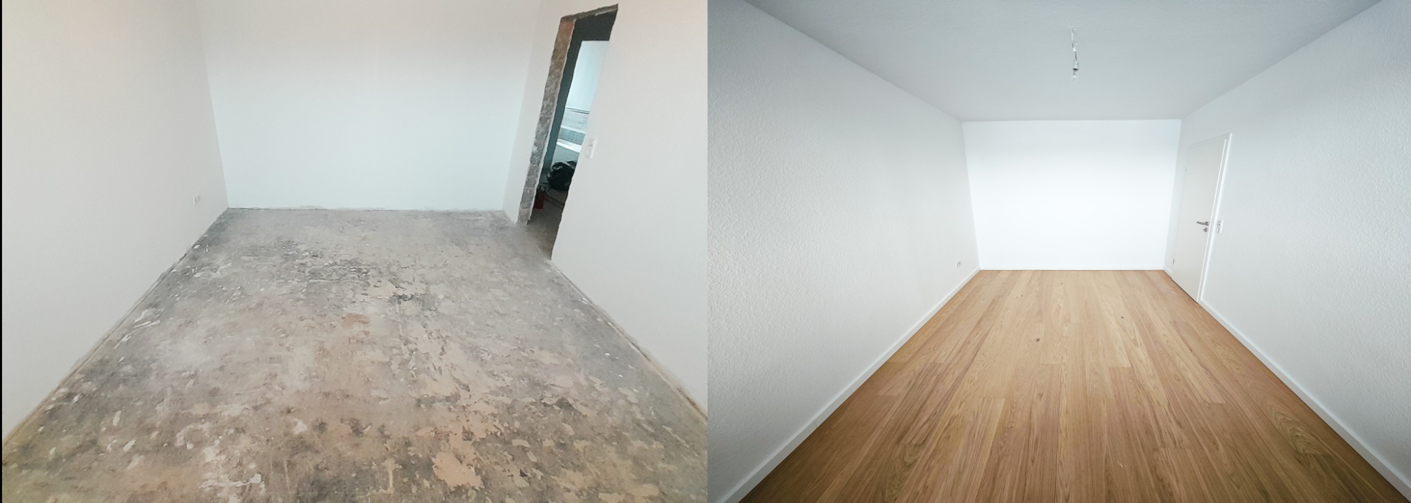 Zdjęcie 'przed i po' remontu pokoju: zniszczona podłoga i surowe ściany kontra świeżo ułożone panele i pomalowane na biało ściany. Widoczna różnica w wykończeniu.