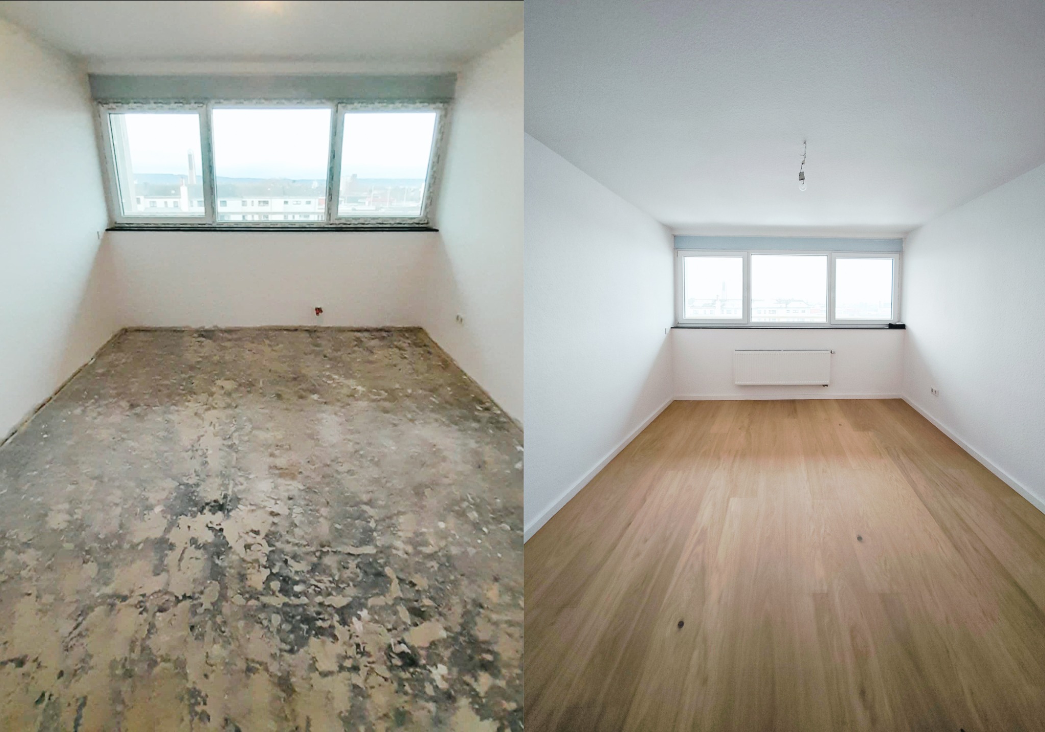 Zdjęcie 'przed i po' remontu pokoju: zniszczona podłoga vs. świeżo ułożone panele, pomalowane ściany i sufit, okno z widokiem na miasto.