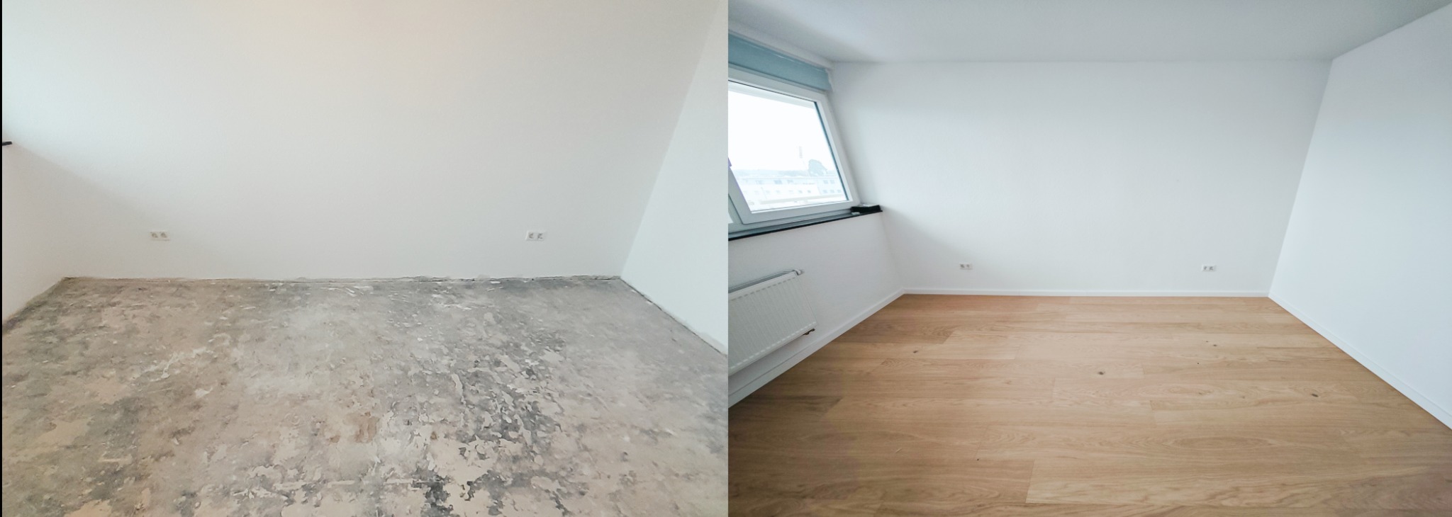 Pokój przed i po remoncie: surowy beton vs. jasne panele podłogowe, białe ściany, okno z grzejnikiem. Widok na miasto w tle.
