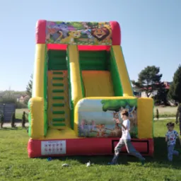 Dmuchana zjeżdżalnia w kolorach żółtym, zielonym i czerwonym z motywem zwierząt z dżungli, na trawie bawi się dwóch chłopców.