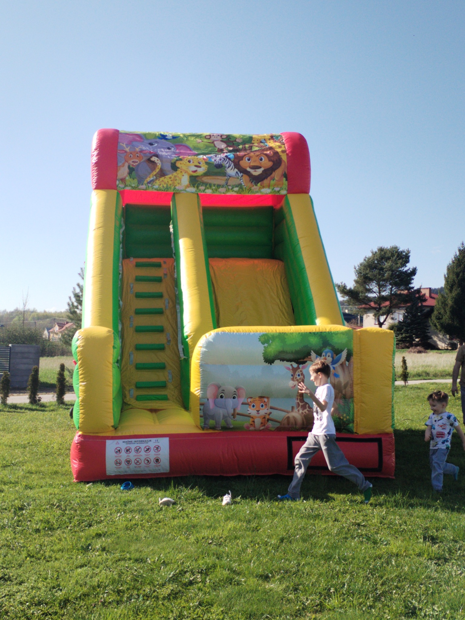 Dmuchana zjeżdżalnia w kolorach żółtym, zielonym i czerwonym z motywem zwierząt z dżungli, na trawie bawi się dwóch chłopców.