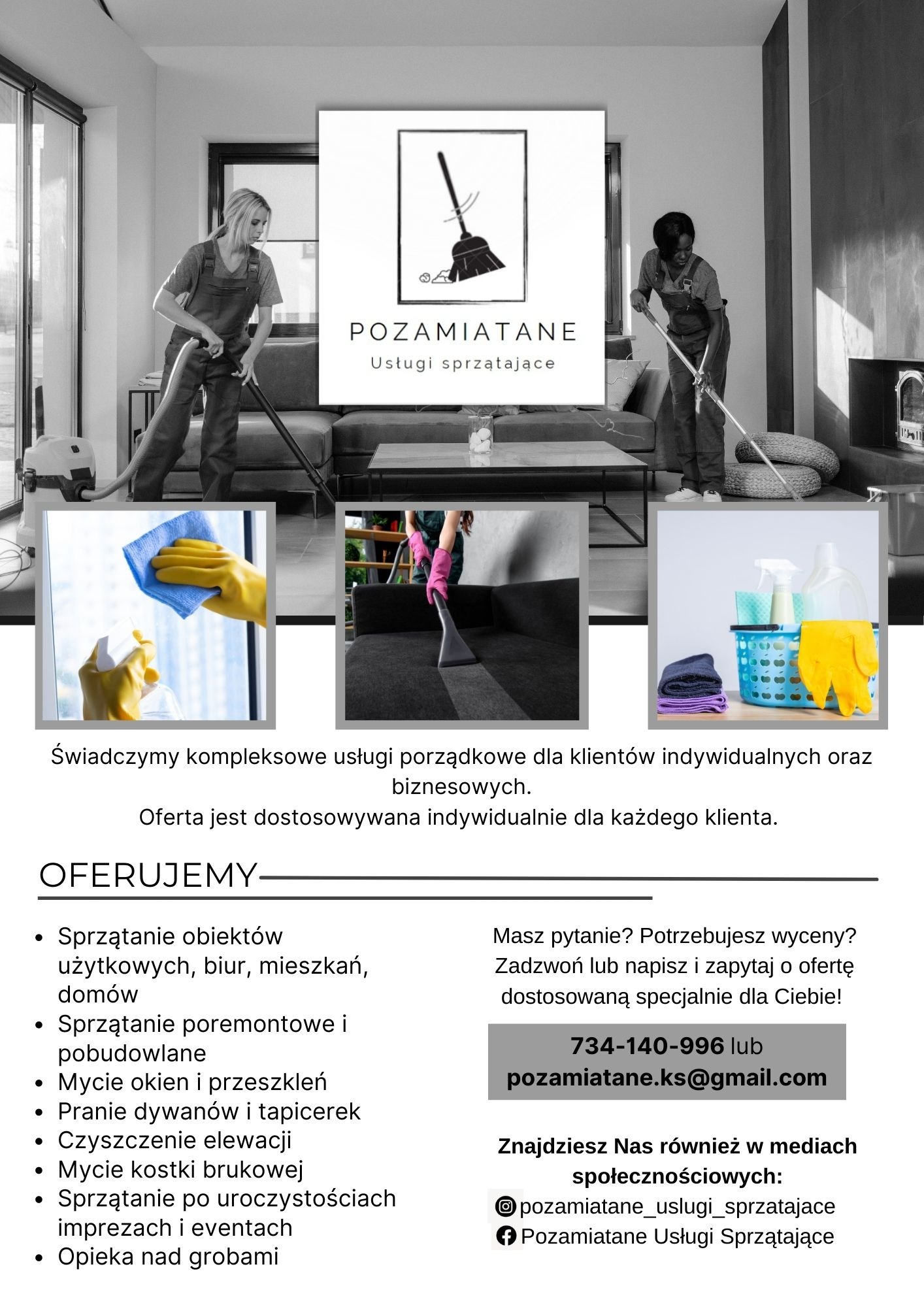 Kolaż zdjęć prezentujący usługi firmy sprzątającej: kobieta odkurzająca dywan, pracownica myjąca podłogę mopem, zbliżenie na czyszczenie tapicerki oraz akcesoria do sprzątania w koszyku.