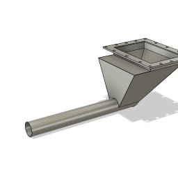 FOCUS WELD Sylwester Wasilewski - Model 3D metalowego zsypu z kwadratowym wlotem, stożkowym przejściem i cylindrycznym wylotem, widoczne śruby mocujące na kołnierzu wlotowym.