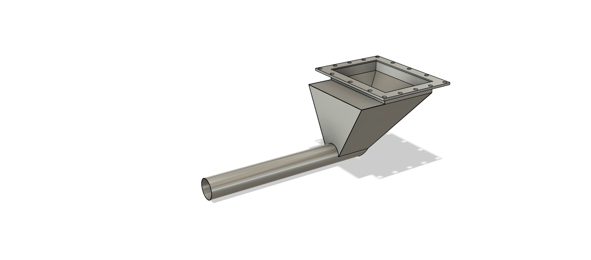 Model 3D metalowego zsypu z kwadratowym wlotem, stożkowym przejściem i cylindrycznym wylotem, widoczne śruby mocujące na kołnierzu wlotowym.
