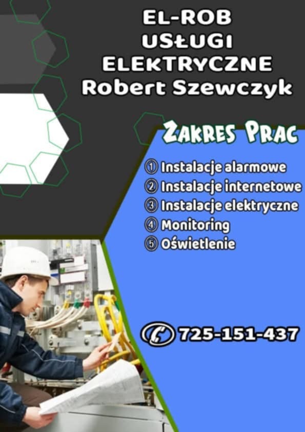 Grafika reklamowa: Elektryk w kasku sprawdza instalację elektryczną, obok zakres usług (alarmy, internet, elektryka, monitoring, oświetlenie) i numer telefonu.