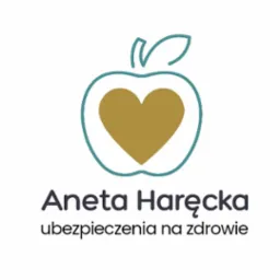 Logo firmy ubezpieczeniowej: jabłko z sercem w środku, nazwa firmy 'Aneta Haręcka' i podtytuł 'ubezpieczenia na zdrowie'.