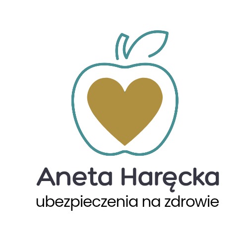 Logo firmy ubezpieczeniowej: jabłko z sercem w środku, nazwa firmy 'Aneta Haręcka' i podtytuł 'ubezpieczenia na zdrowie'.