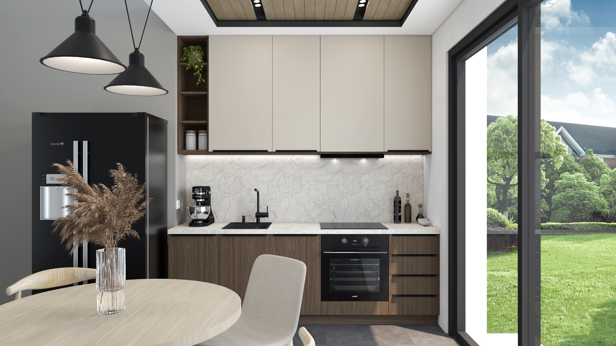 Nowoczesna kuchnia z drewnianymi akcentami, marmurowym blatem i czarnymi lampami wiszącymi. Widok na ogród przez duże okno.