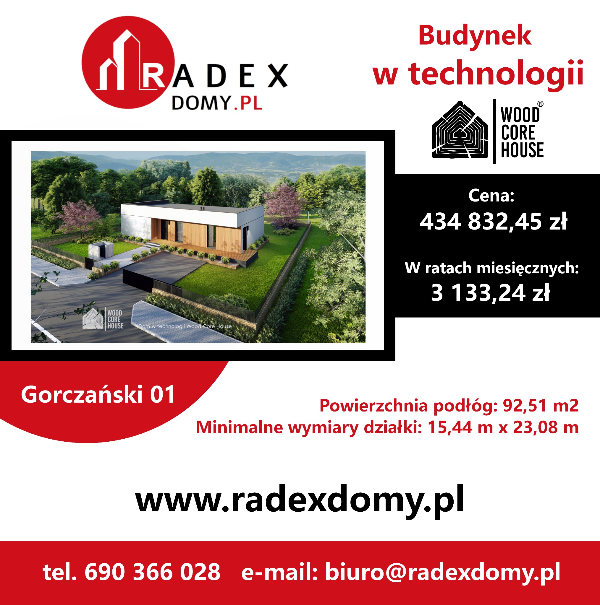 Wizualizacja nowoczesnego parterowego domu z płaskim dachem i elementami drewnianej elewacji, otoczonego zielenią, z logo firmy Radex Domy.pl i Wood Core House.