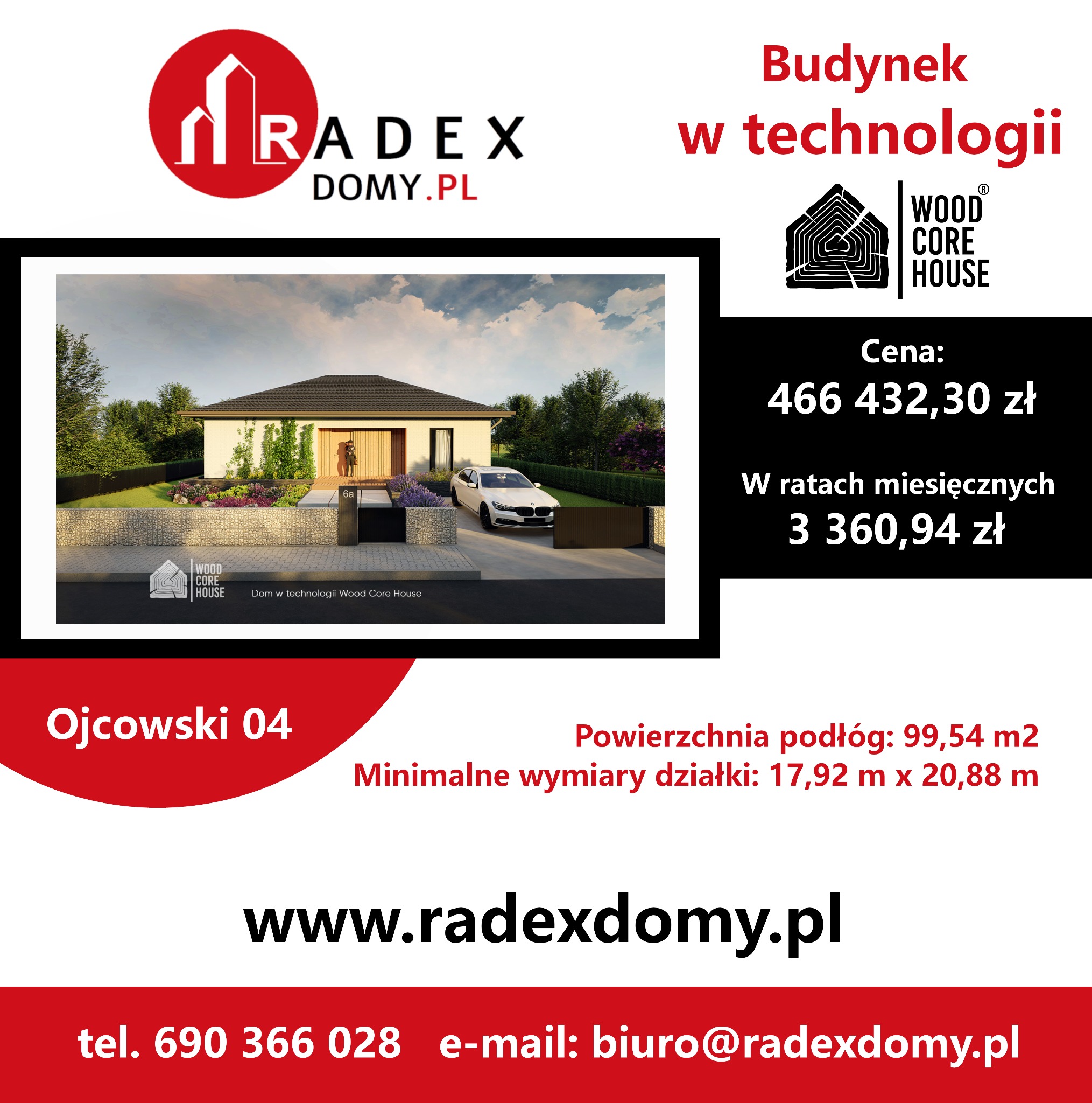 Wizualizacja domu jednorodzinnego w Zamościu z garażem i podjazdem, prezentowana z samochodem osobowym na tle zieleni i ogrodzenia.