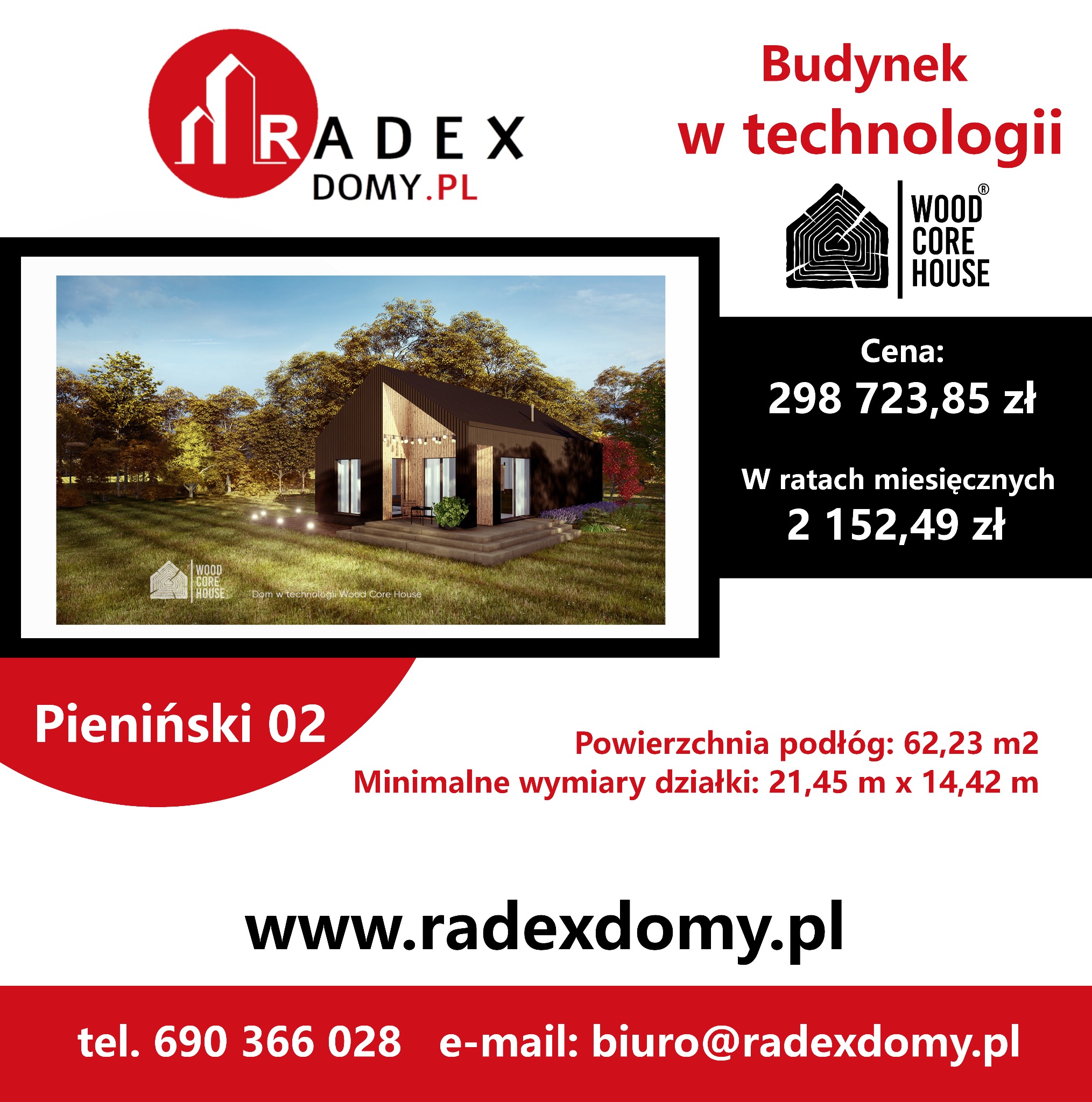 Wizualizacja nowoczesnego domu z ciemną elewacją w otoczeniu drzew, prezentowana w reklamie z ceną i danymi kontaktowymi.