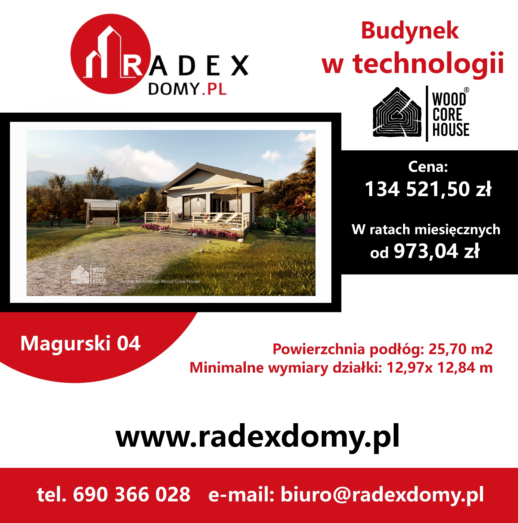 Wizualizacja domu jednorodzinnego z tarasem i ogrodem, w tle zalesione wzgórza, na pierwszym planie cena i dane techniczne, logo firmy.