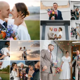 Kolaż z uroczystości ślubnej: para młoda w różnych ujęciach, od bliskiego portretu z bukietem po sceny z ceremonii i świętowania, w tym konfetti i goście.