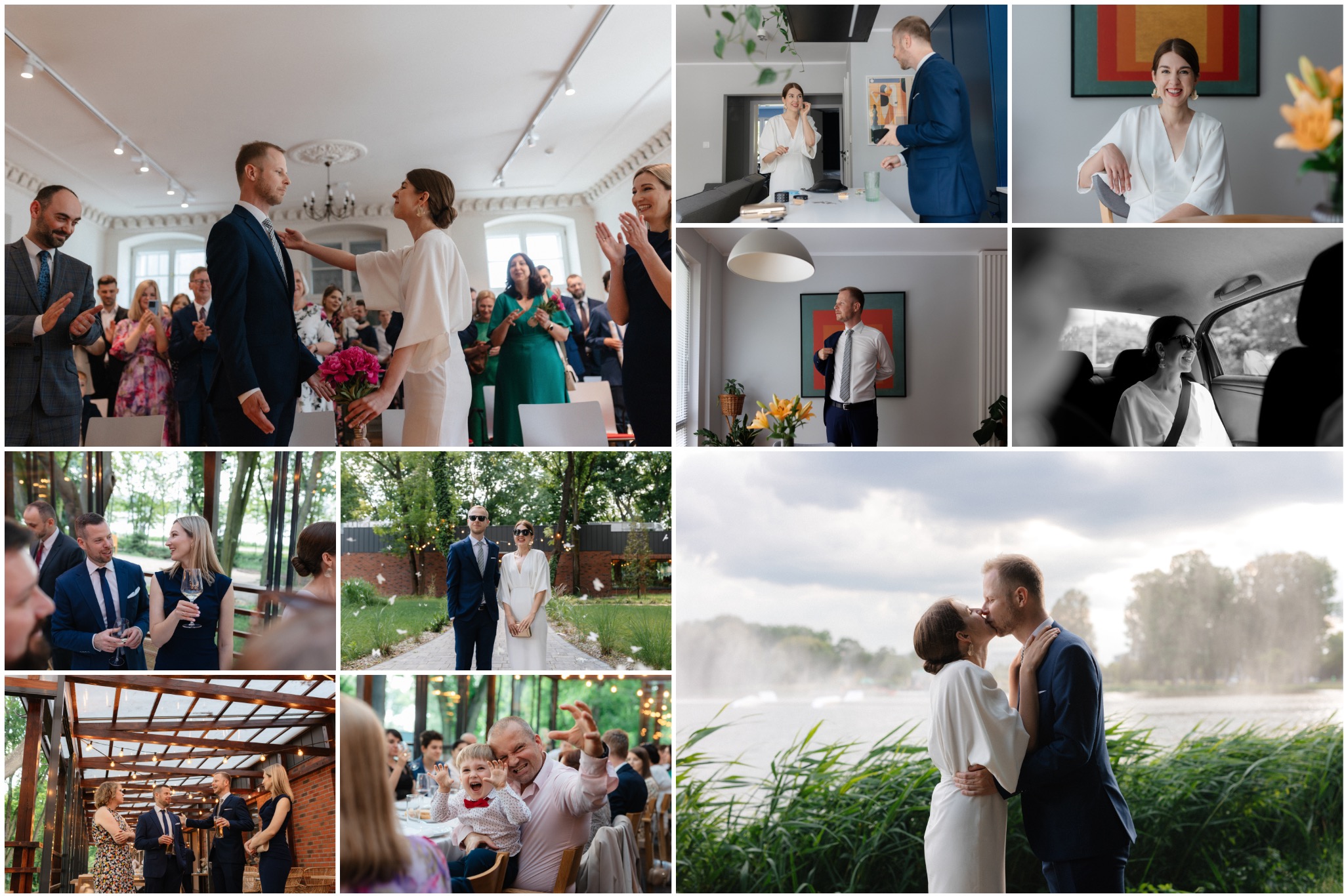 Kolaż zdjęć z uroczystości ślubnej: ceremonia z gośćmi, przygotowania pary, portrety, przyjęcie w ogrodzie oraz pocałunek na tle jeziora.