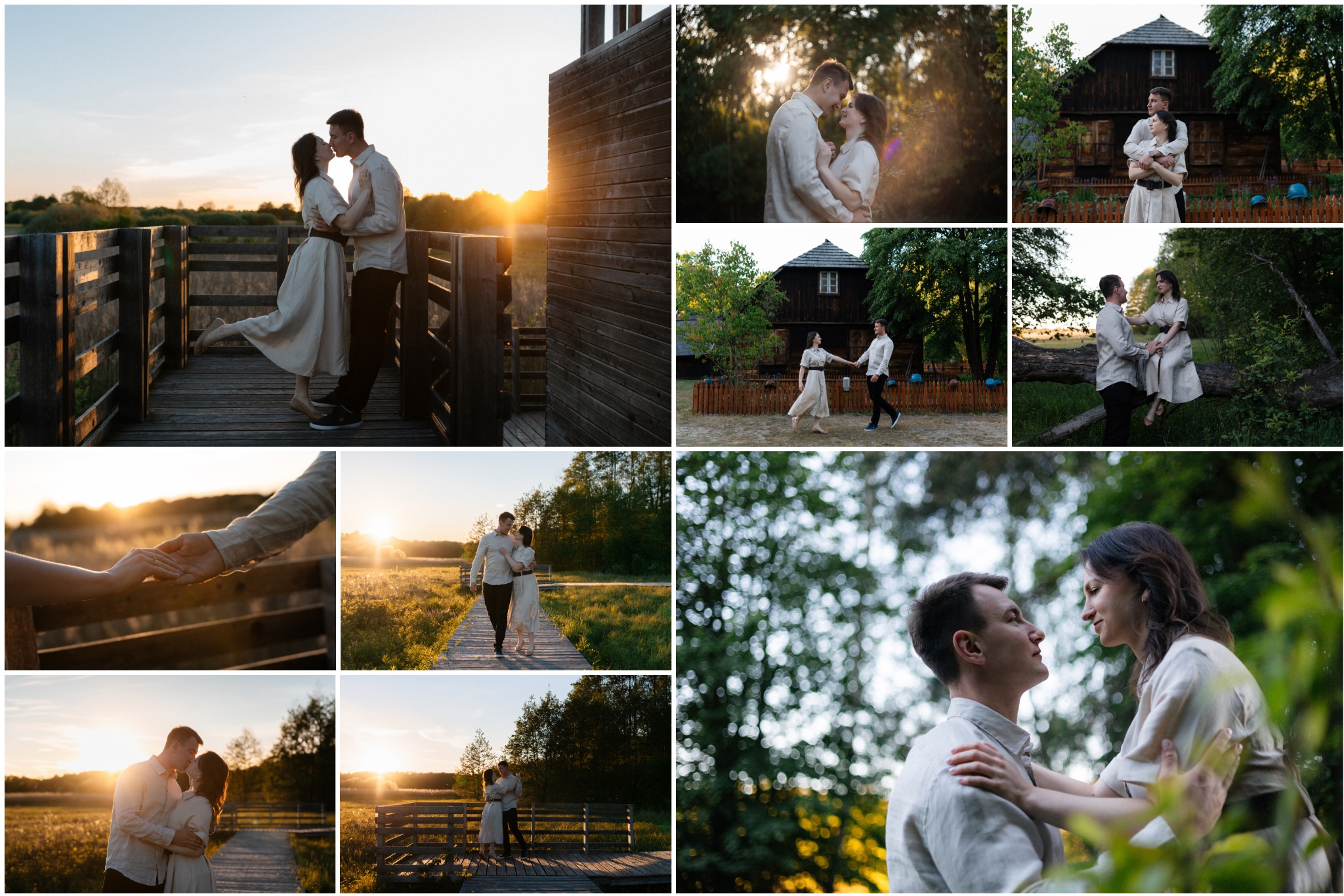 Kolaż z sesji plenerowej pary w naturalnym otoczeniu: drewniane konstrukcje, łąki o zachodzie słońca, leśne tło, ujęcia z bliska na twarze.