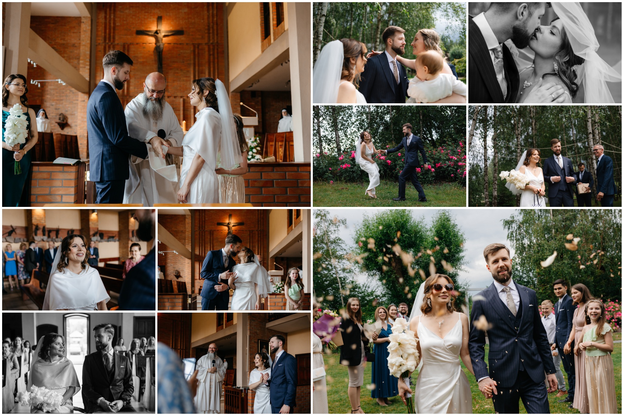Kolaż zdjęć z ceremonii i pleneru ślubnego: przysięga w kościele, pocałunki, para młoda z dzieckiem, konfetti, spacer pośród zieleni.