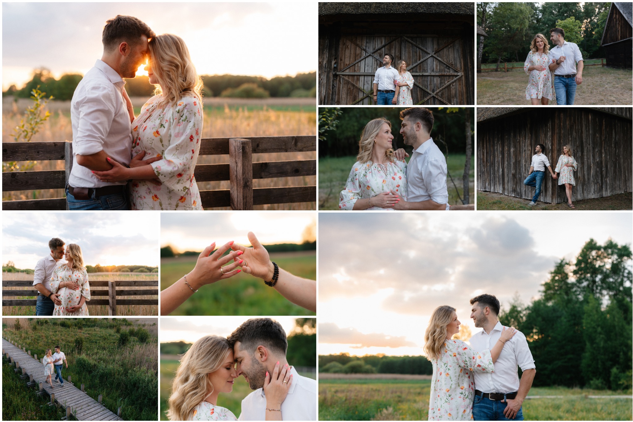 Kolaż ze zdjęć kobiety w kwiecistej sukience i mężczyzny w białej koszuli, obejmujących się na tle drewnianych budynków i łąk o zachodzie słońca, niektóre kadry z profilu i zbliżenia dłoni.