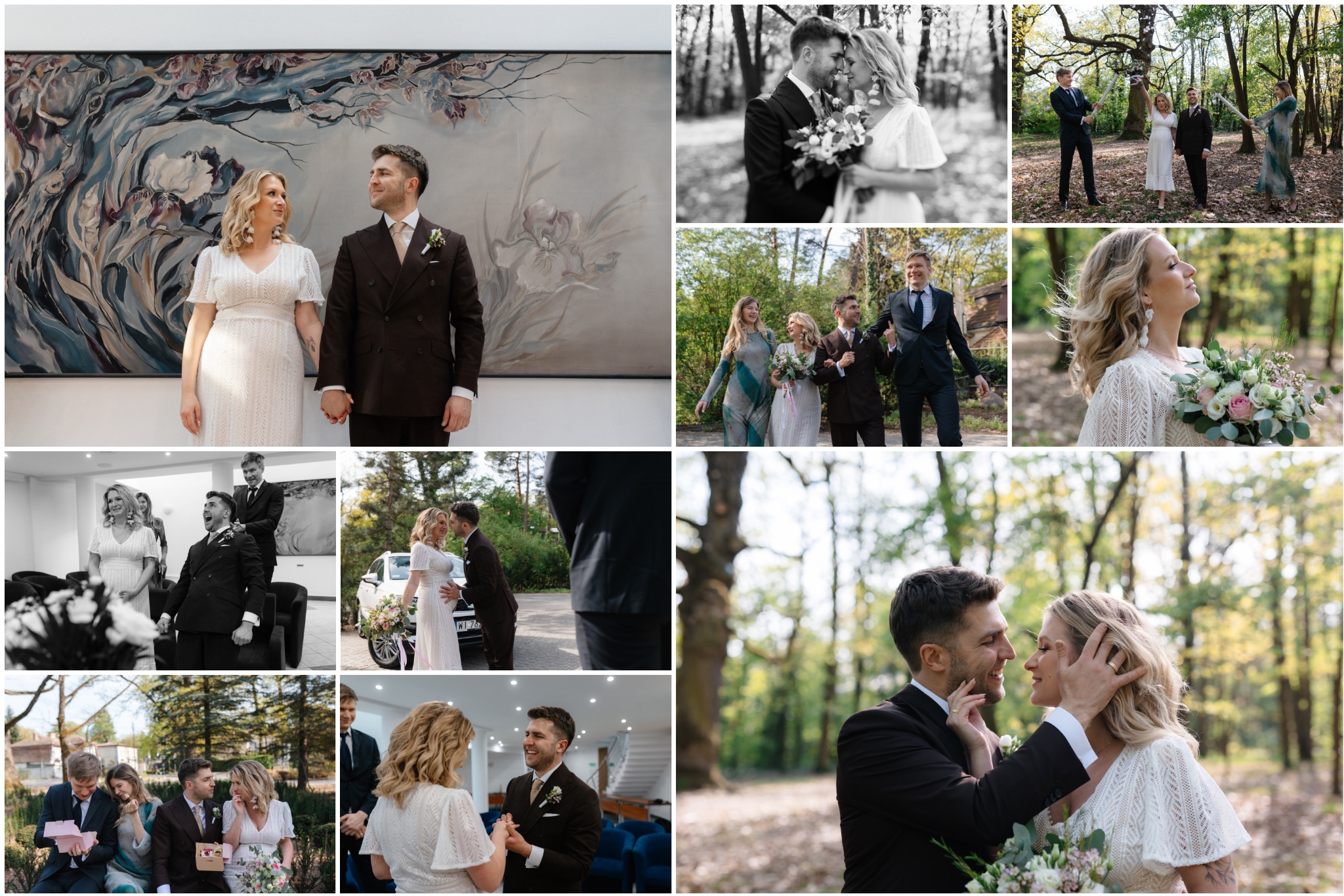 Kolaż zdjęć z ceremonii ślubnej: para młoda pozuje w różnych sceneriach, w tym w plenerze leśnym i wnętrzu z abstrakcyjnym obrazem, goście świętują, a panna młoda prezentuje bukiet.