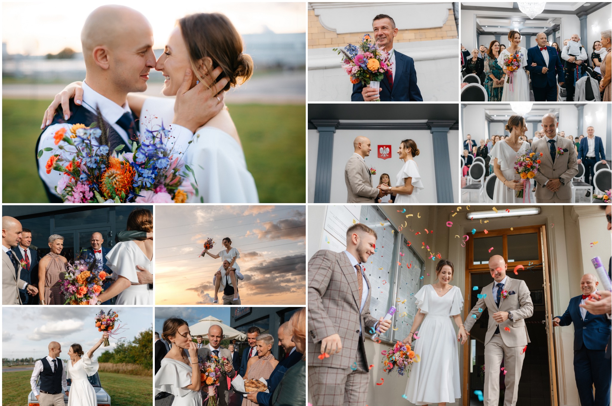 Kolaż z uroczystości ślubnej: para młoda w różnych ujęciach, od bliskiego portretu z bukietem po sceny z ceremonii i świętowania, w tym konfetti i goście.