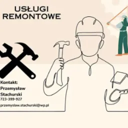 Ilustracja usług remontowych: skrzyżowane klucz i młotek, kontakt do Przemysława Stachurskiego, schematyczna postać w kasku trzymająca młotek i dom, osoba mierząca odległość.