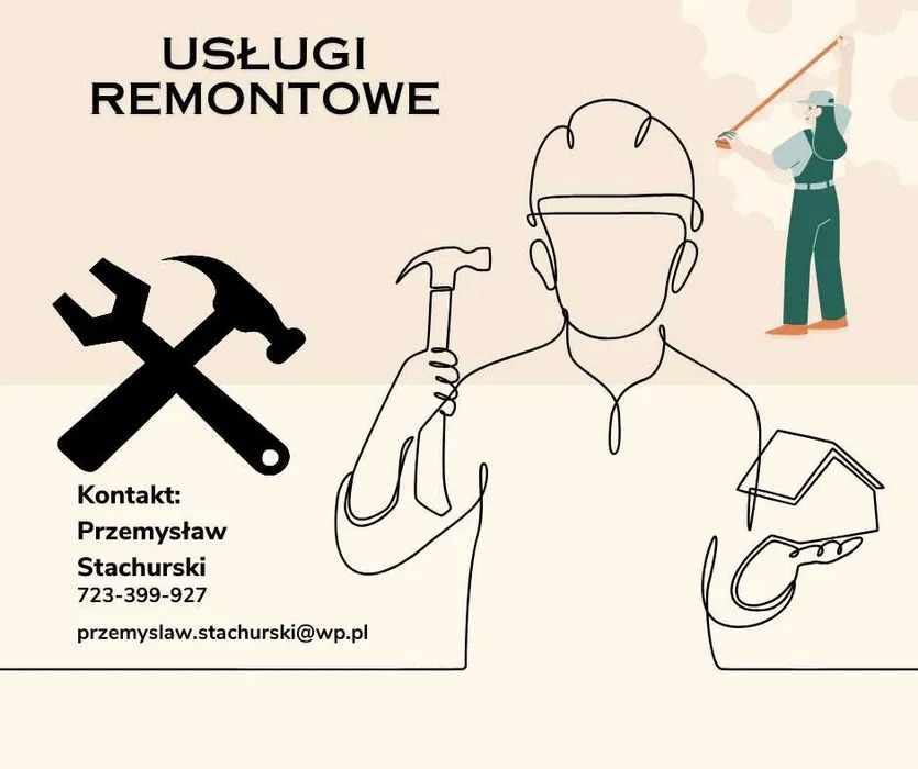 Ilustracja usług remontowych: skrzyżowane klucz i młotek, kontakt do Przemysława Stachurskiego, schematyczna postać w kasku trzymająca młotek i dom, osoba mierząca odległość.