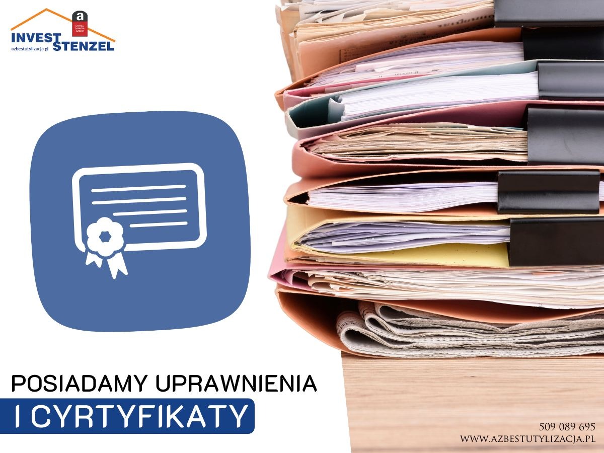 Grafika certyfikatu firmy Invest Stenzel na tle stosu dokumentów w segregatorach.