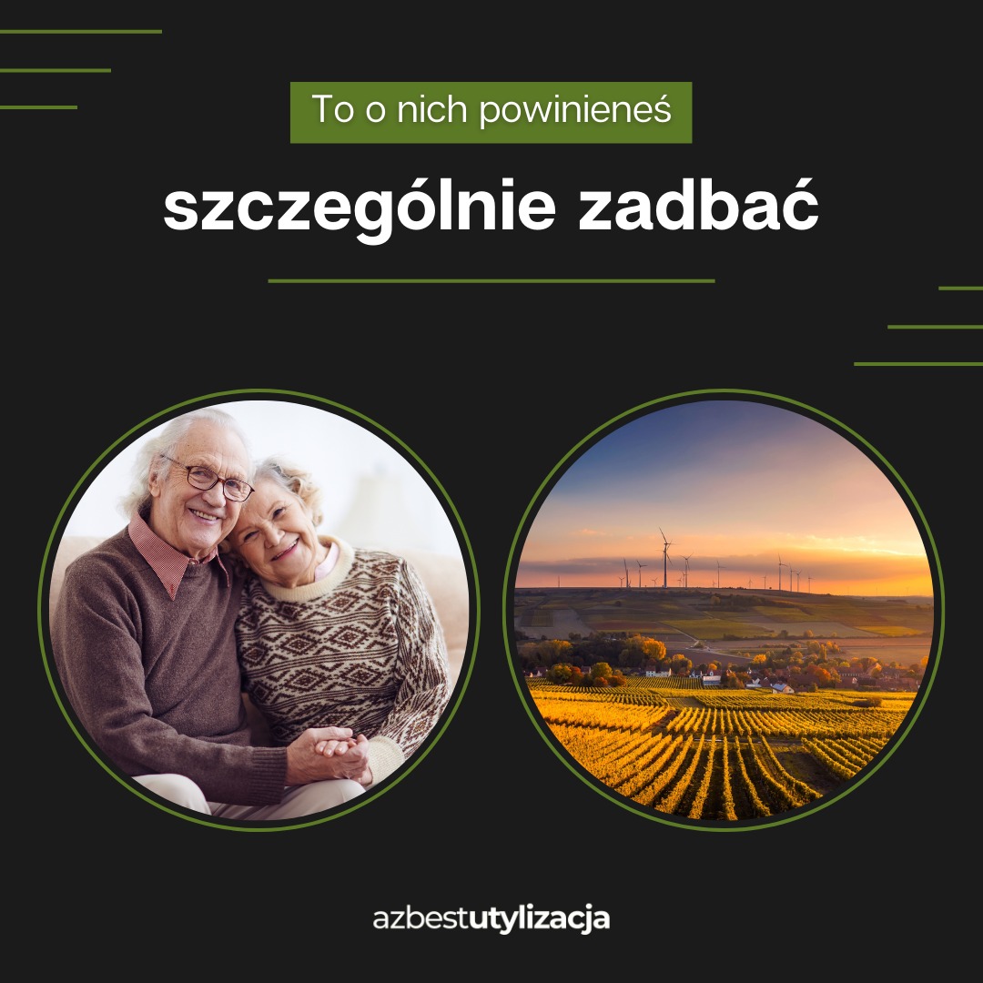 Grafika przedstawia uśmiechniętą starszą parę i krajobraz z polami oraz turbinami wiatrowymi, umieszczone w okręgach na ciemnym tle z napisem 'To o nich powinieneś szczególnie zadbać' i logo...