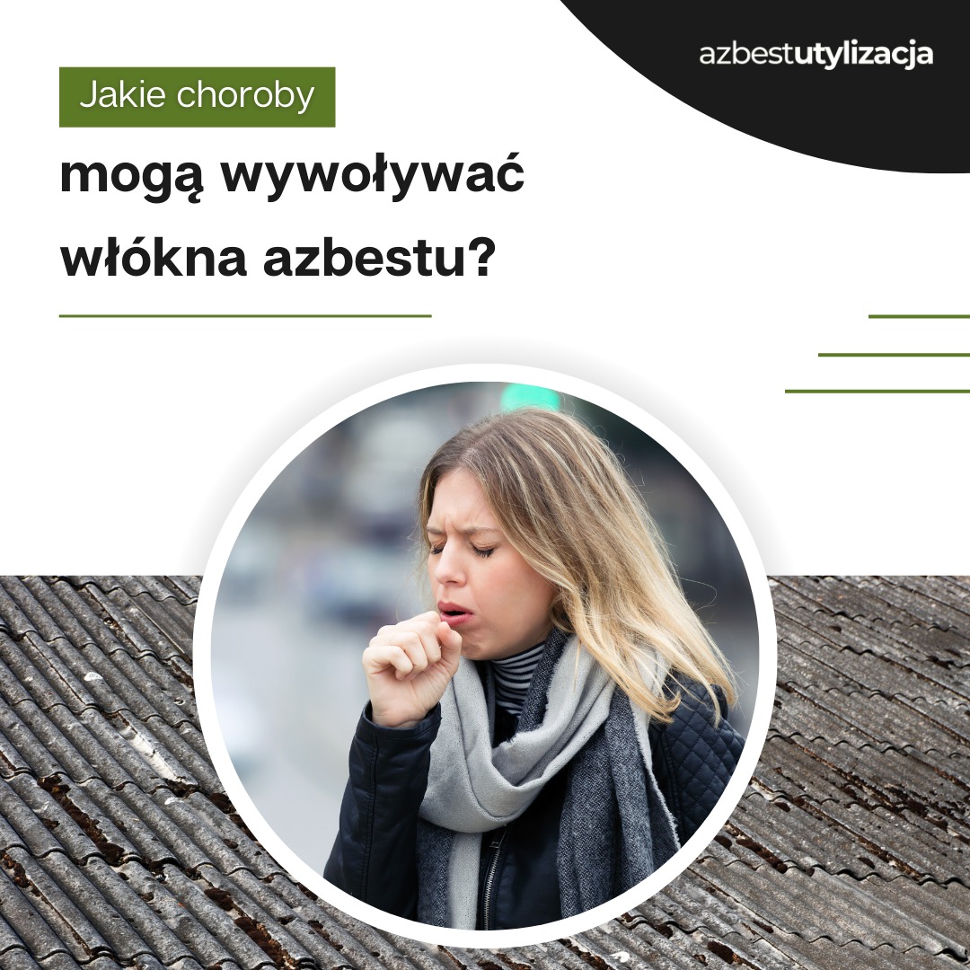 Kobieta kaszle na tle dachu z eternitu, potencjalne zagrożenie dla zdrowia.