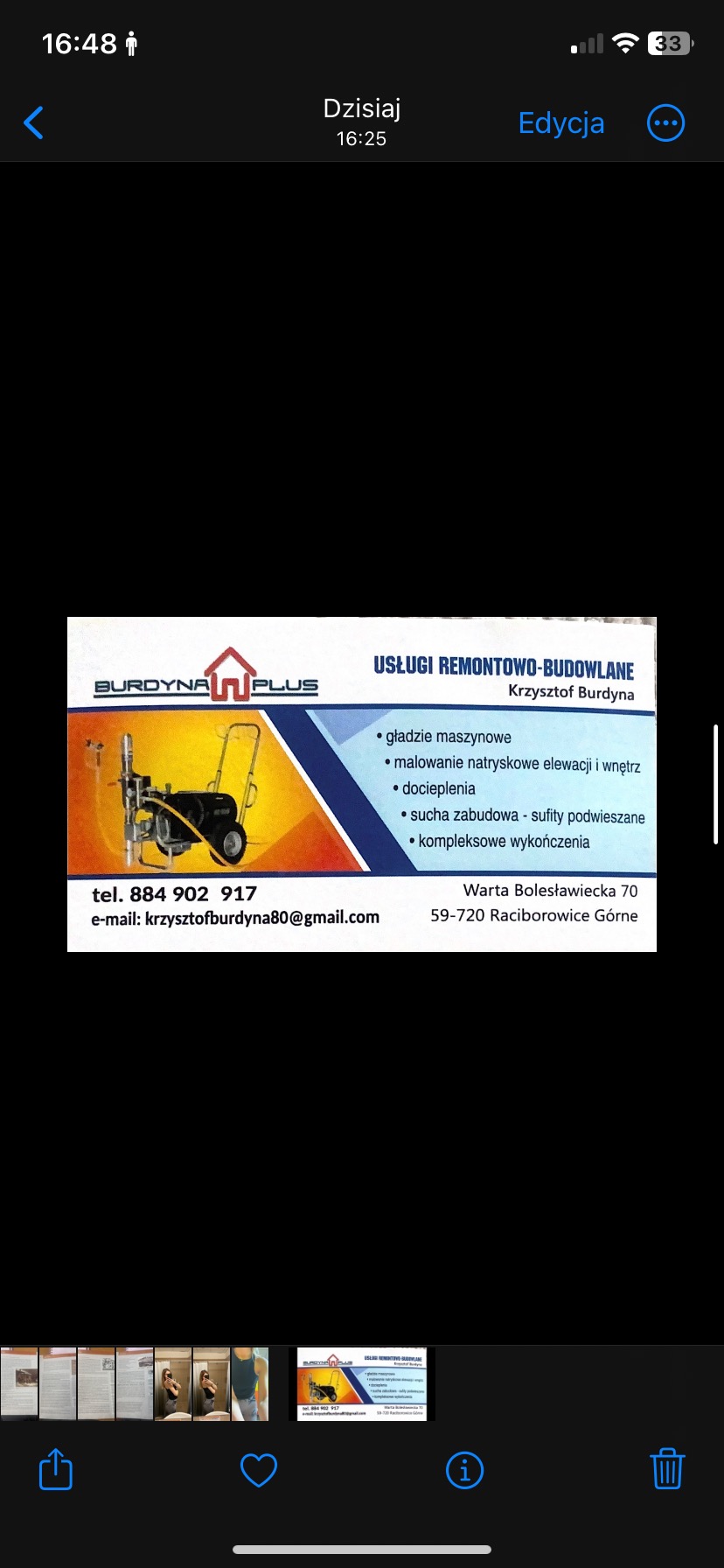 Wizytówka firmy remontowo-budowlanej Krzysztofa Burdyna z ofertą gładzi maszynowych, malowania natryskowego elewacji i wnętrz, dociepleń, suchej zabudowy i kompleksowych wykończeń, z numerem...