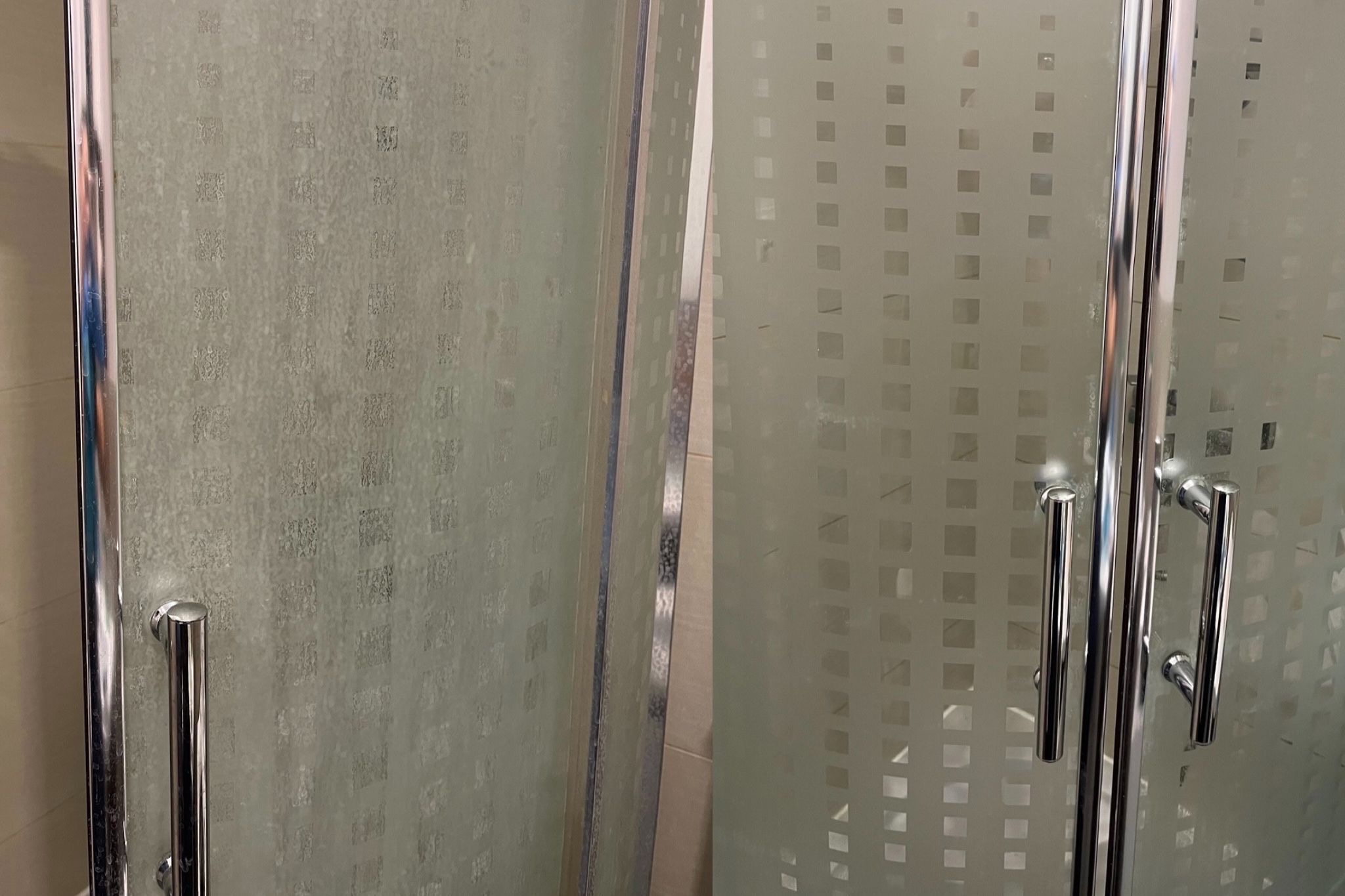 Porównanie: Zabrudzona kabina prysznicowa z osadem przed czyszczeniem (po lewej) i ta sama kabina po umyciu (po prawej), z widocznymi chromowanymi uchwytami.