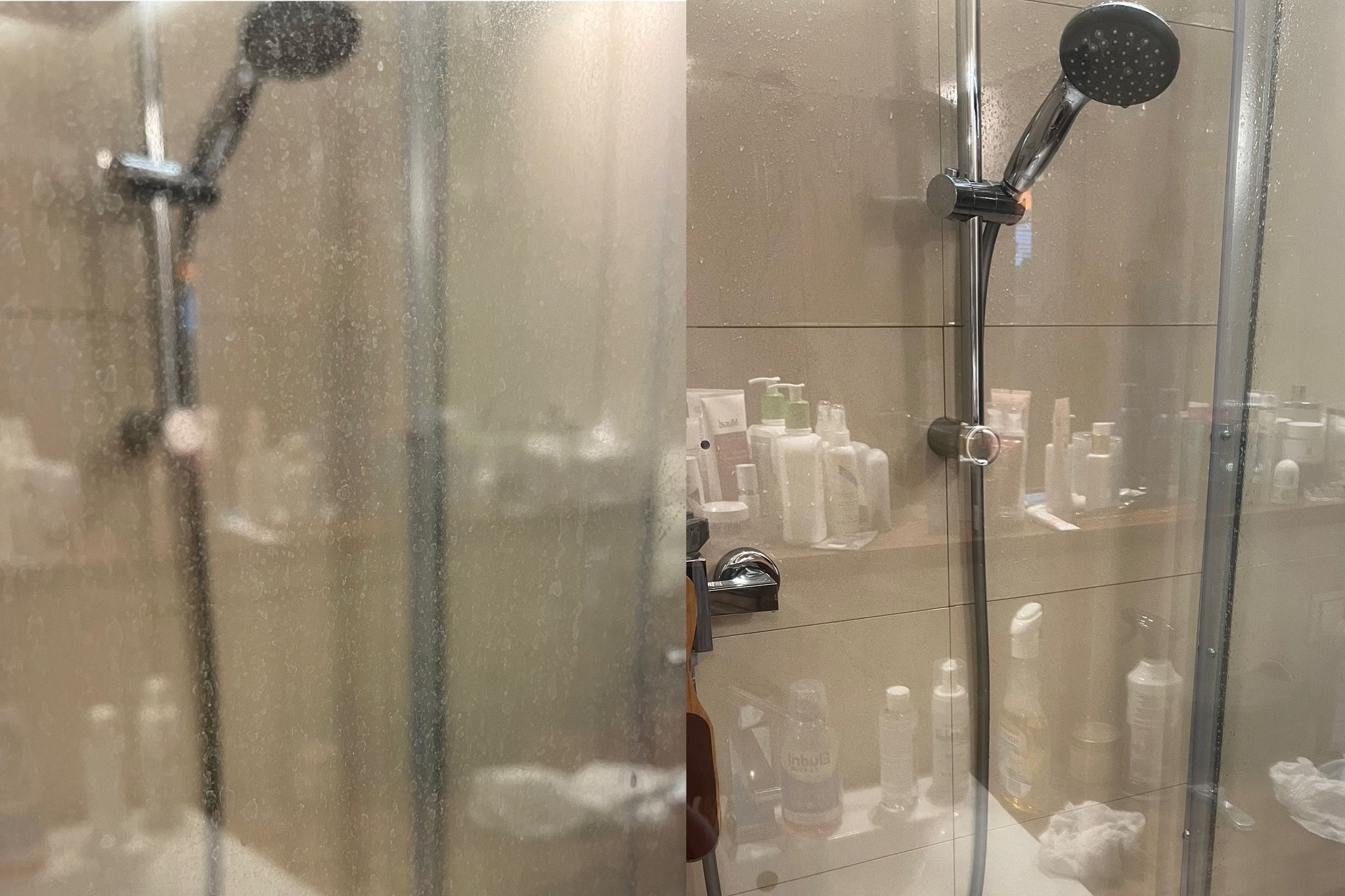 Porównanie: Kabina prysznicowa przed i po czyszczeniu, widoczny osad wapienny usunięty z szyby, chromowana bateria i słuchawka prysznicowa lśniące czystością, półka z kosmetykami.