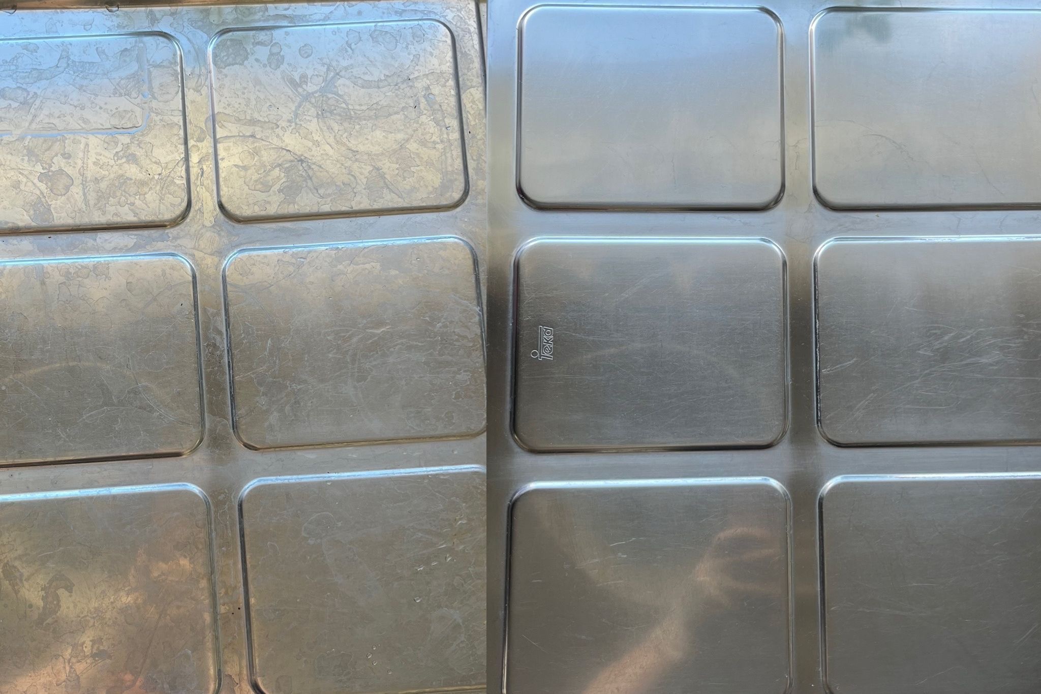 Porównanie połowy umytej i połowy brudnej, metalowej, dwukomorowej zlewozmywarki Teka w Gdańsku, pokazujące skuteczność czyszczenia.