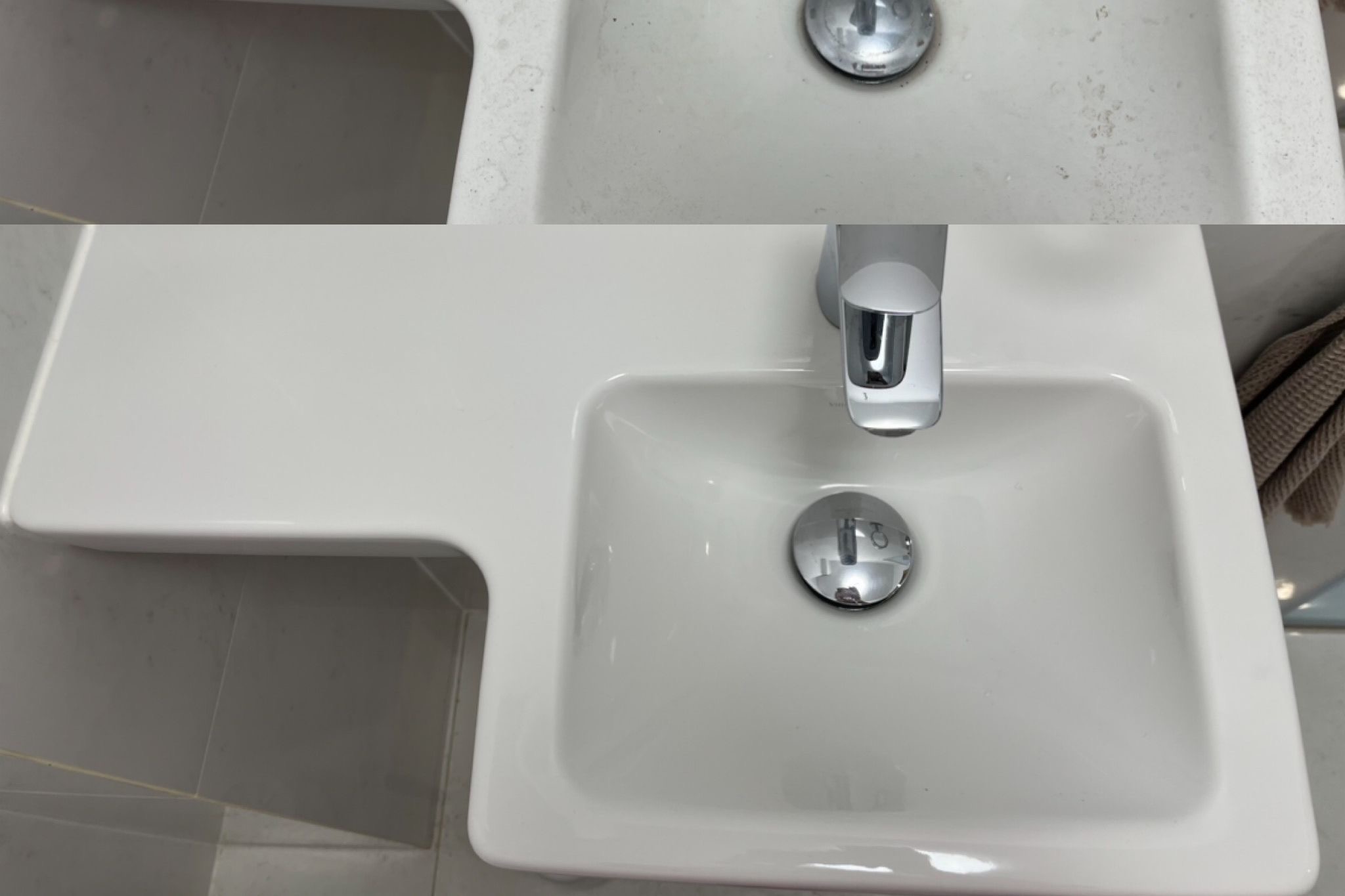 Porównanie umywalki przed i po czyszczeniu: górna część z widocznymi zabrudzeniami, dolna część czysta i błyszcząca, nowoczesna bateria umywalkowa i fragment ręcznika w tle.